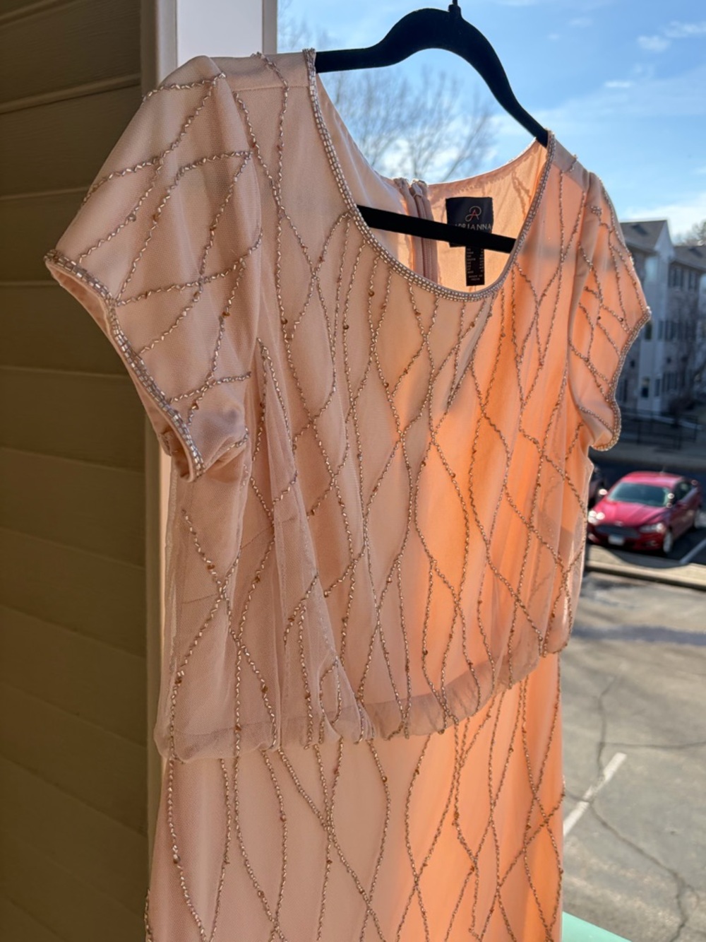 🆕✨ Adrianna Papell Blush Beaded Mesh Gown Maxi Dress Size 8 Sequin Nude Pink - Picture 10 of 16